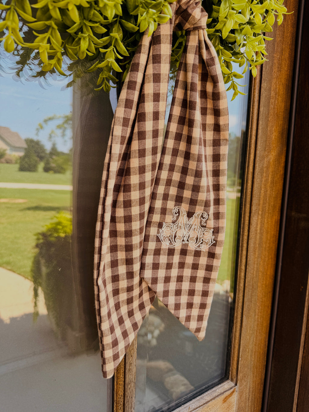 Brown Gingham Wreath Sash with Embroidered Letter